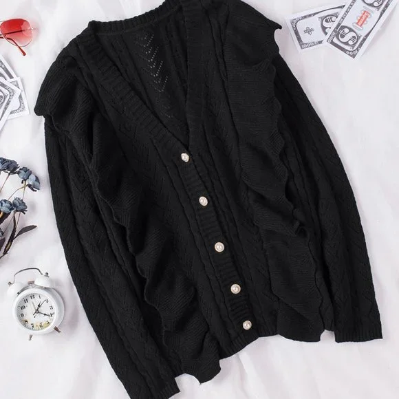 Black Ruffled Buttoned Open Front Knitted Sweater - Picture 7 of 16